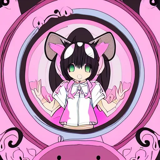 Image similar to digital card art of anime (cat) girl with cat ears surrounded by magic circles. Pink hue. Highly detailed. Beautiful