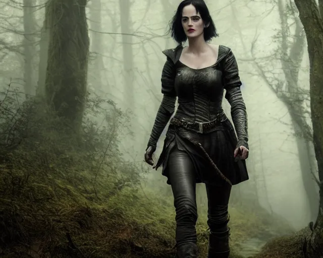 Image similar to 5 5 mm portrait photo of a real life tough looking eva green as ciri in leather armor with silver hair and a large scar along her left cheek, in a magical forest. dark atmosphere. art by greg rutkowski. highly detailed 8 k. intricate. lifelike. soft light. nikon d 8 5 0.