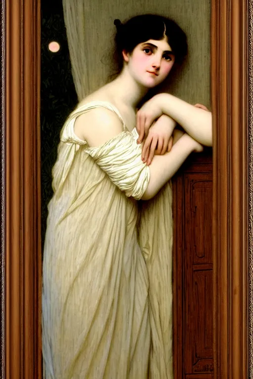 Prompt: girl under moonlight by auguste toulmouche and bouguereau, dark lighting, perfectly detailed eyes, beautiful hands, pale skin, leaning on door, dreamy mood painting