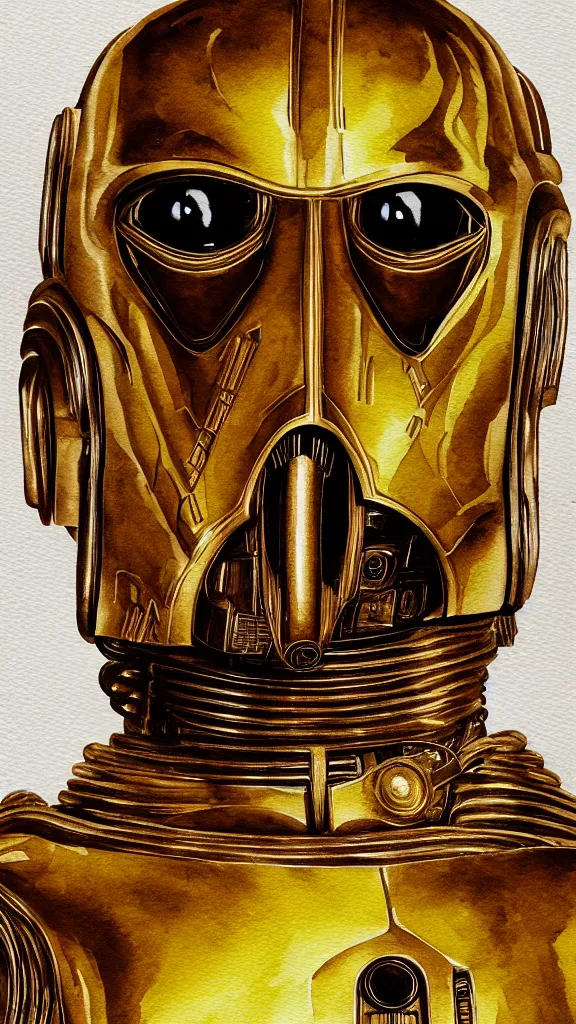 Prompt: a portrait of c - 3 po in watercolor. color harmony, 8 k detail, gallery quality, hd wallpaper, premium prints available, hyper - detailed, intricate design.