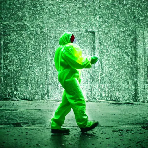 Prompt: a man in a hazmat suit is walking through a green ectoplasmic slush, hasselblad DSLR, 1600 ISO, 10mm lens, film grain