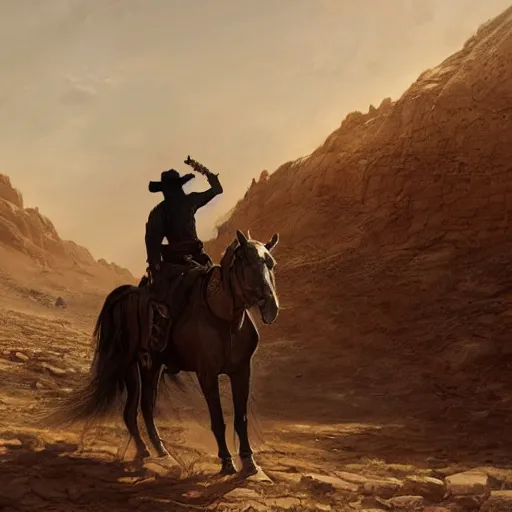 Image similar to the man in black fled across the desert, the gunslinger followed. Highly detailed painting Greg rutkowski. Good clear quality, high detail, octagon render 8k
