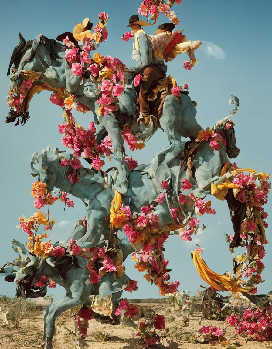 Prompt: a cowboy turning into blooms by slim aarons, by zhang kechun, by lynda benglis. tropical sea slugs, angular sharp tractor tires. complementary bold colors. warm soft volumetric dramatic light. national geographic. 8 k, rendered in octane, smooth gradients. by antonio canova by gian lorenzo bernini.
