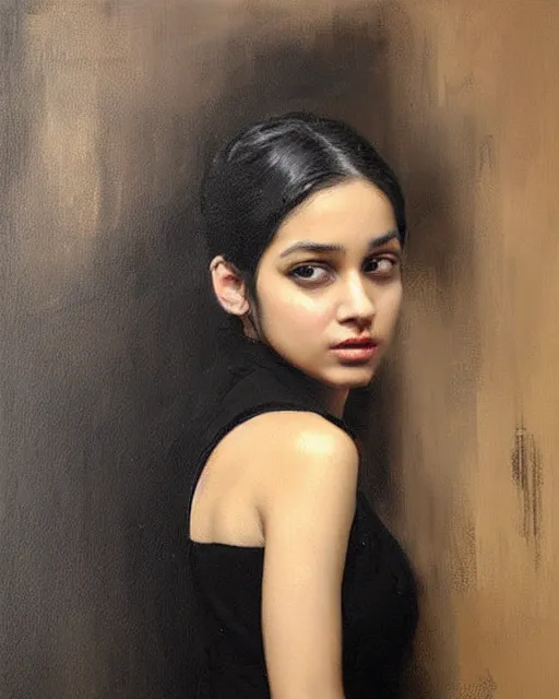 Image similar to beautiful portrait painting an gorgeous delhi girl wearing a little black dress, oil painting, art by ruan jia