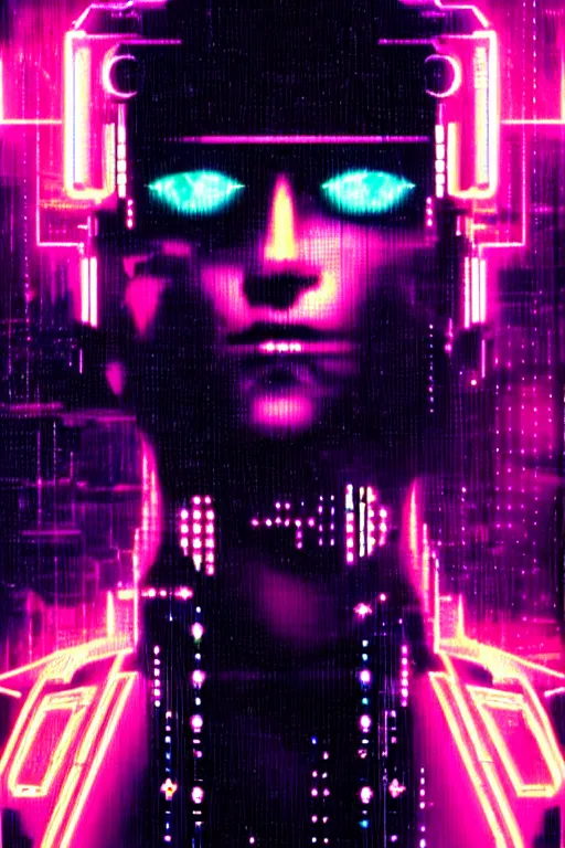 Image similar to cruxifiction of the technochrist, cyberpunk, bladerunner, rain, neon, holy, sacrifice, future, neo testament, video artifacts