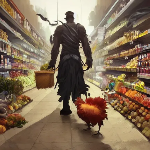 Image similar to digital painting of a super market grocery shopping elegant but deadly chicogriff, griffin chicogriff hybrid monster, by Greg Rutkowski, magic the gathering concept art, trending on artstation, 4k resolution, ((in a super market Costco))