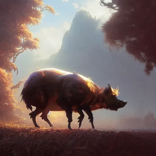 Image similar to highly detailed big boar, stephen bliss, unreal engine, fantasy art by greg rutkowski, loish, rhads, ferdinand knab, makoto shinkai and lois van baarle, ilya kuvshinov, rossdraws, tom bagshaw, global illumination, radiant light, detailed and intricate environment