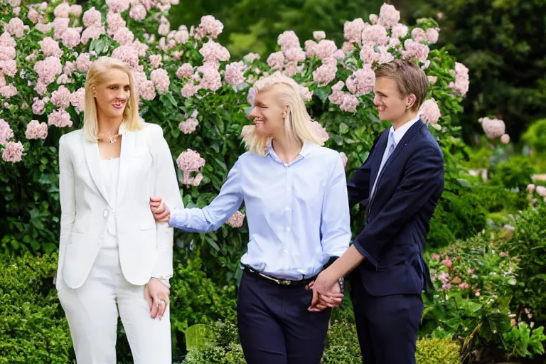 Image similar to beautiful confident smug thirtysomething blonde female president wearing suit alone in the white house rose garden with her two attractive boyfriends, holding hands, photograph, dslr, bokeh, romantic, campaign ad