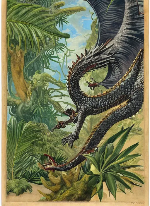 Prompt: game of thrones dragon in a tropical forest, john james audubon, ernst haeckel, intaglio, sharp focus