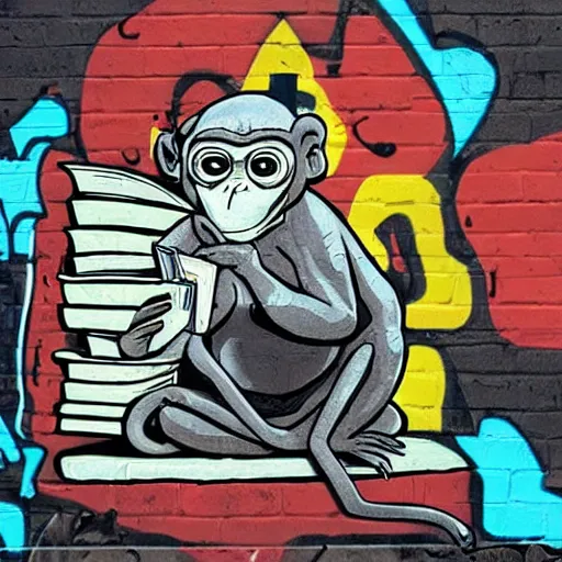 Prompt: a single Monkey reading a book, wearing a gas mask, graffiti, edge to edge, solid color background intricate, highly detailed, smooth, sharp focus, detailed face and body, high contrast