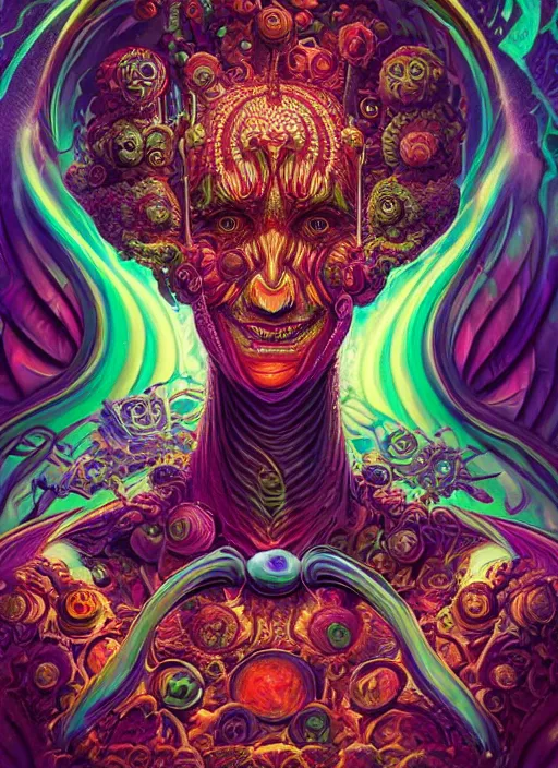Prompt: a psychodelic portrait of devil planet naoto hattori, android jones, and chris dyer, deep bold colors, galactic entity, depth of field, intricate beautiful painting, billions of details, octane render, portal, 8 k, detailed vector, trending on artstation, cgisociety, wow!!!!!!