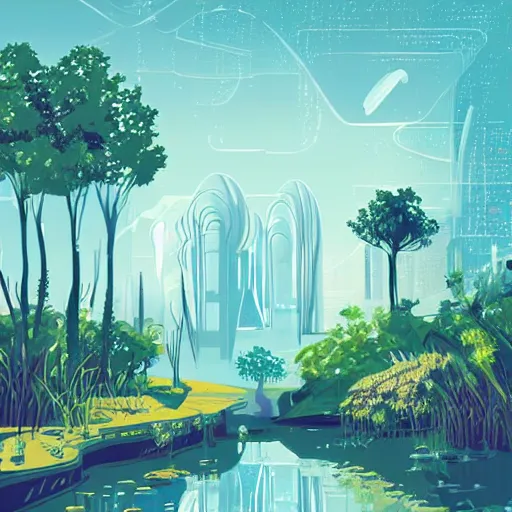 Prompt: beautiful happy picturesque charming organic futuristic sci - fi city in harmony with nature. water and plants. beautiful light. grainy and rough. soft colour scheme. beautiful artistic vector graphic design art print by lurid. ( 2 0 2 2 )