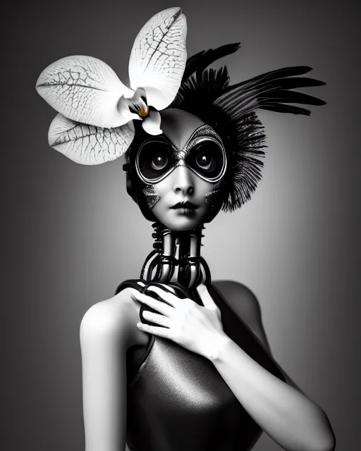 Image similar to surreal mythical dreamy dark artistic black and white fine art 3 / 4 fashion portrait photo of a young beautiful delicate female robot - owl with orchid - doll face, rim light, cinematic, studio dramatic light, poetic, masterpiece, octane render, 8 k, photo - realistic by gustave dore hg giger