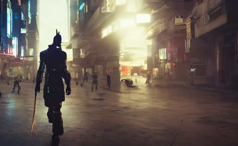 Prompt: anonymous guard with blond hair seen from the back cyberpunk, crowd in front of building detailed, cinematic light, cinematic epic, unreal engine 4 k, 8 k, detailed, ultra realistic, anime