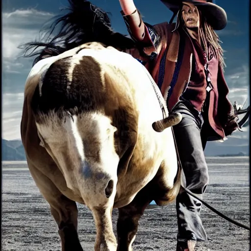 Image similar to Johnny Depp riding a bull, 8k ultra hd, hyper detailed