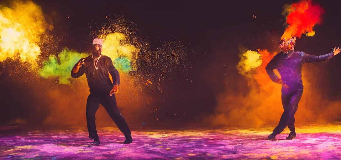Image similar to a man dancing in the middle of a paintball arena, smoke, colorful, lights, night, uhd, 8k photo,