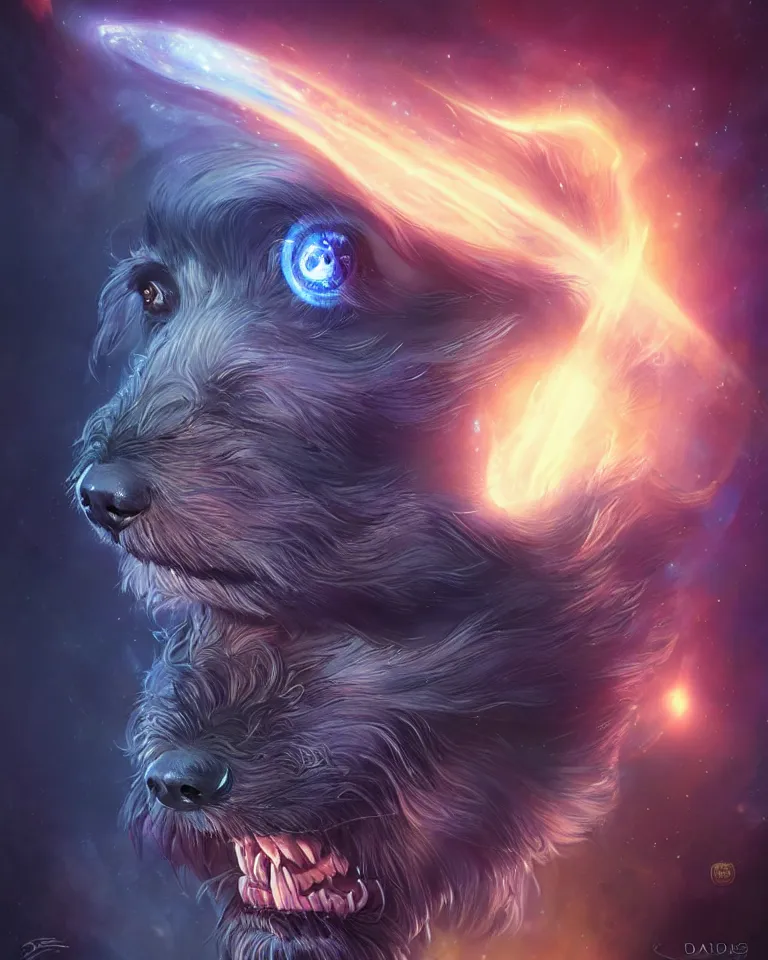 Image similar to beautiful cinematic fantasy poster, cartoon dog. beautiful glowing galaxy eyes, hybrid from The Elden Ring and art direction by Darius Zawadzki ;by artgerm; wayne reynolds art station; cinematic quality character render; low angle; ultra high quality model; production quality cinema model