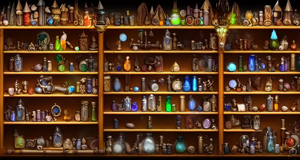 Image similar to a bookshelf of wonderful magical creatures, located in a wizard's shop, full of trinkets and magical potions flasks vials, bubbling liquids, smoking vessels, detailed, 4 k