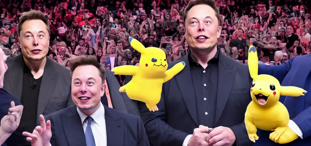 Prompt: elon musk in a boxing arena against donald trump with a crowd of pikachus