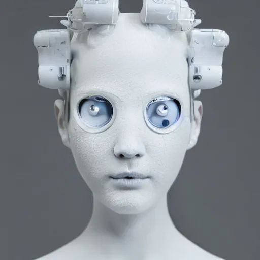 Prompt: full head and shoulders, beautiful female porcelain sculpture with all white 3 d cyborg elements, white prosthetic eyes, 3 d goggles, smooth, all white features on a white background, delicate facial features, white eyes, white lashes, detailed white liquid, cyberpunk, anatomical by daniel arsham and james jean