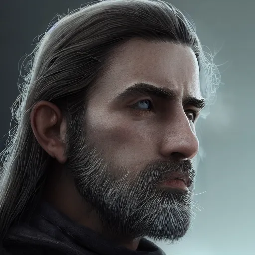 Image similar to a highly detailed portrait of a man with purple eyes, light gray long hair, beardless, without a beard, wearing a black cloak, artstation, DeviantArt, professional, octane render