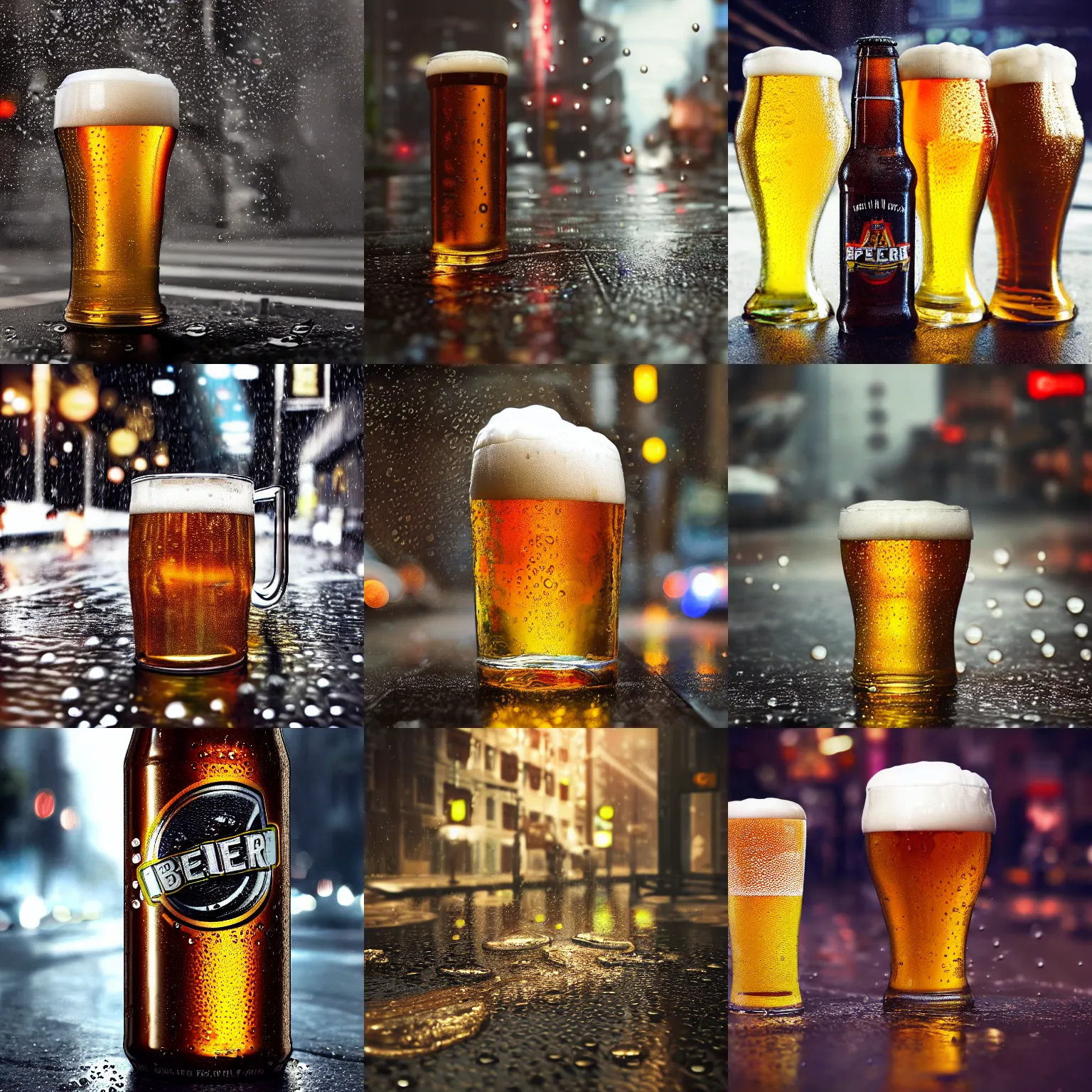 Prompt: beer-rain, streets, drops of beer, concept art, artstation, realistic photo, 8k, photorealistic, Octane render