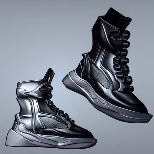 Image similar to futuristic balenciaga and vetements sneakers in giger style on gradient background, ultra rendered extreme realism and detail, 8 k, highly detailed, realistic, completely framed, pbr, hyper realistic, photorealistic, sharp focus,