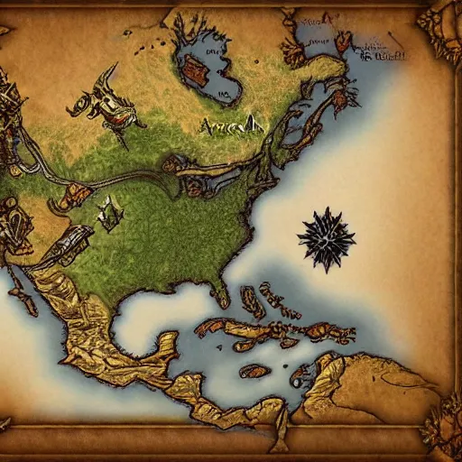 Prompt: A World of Warcraft styled map of North America