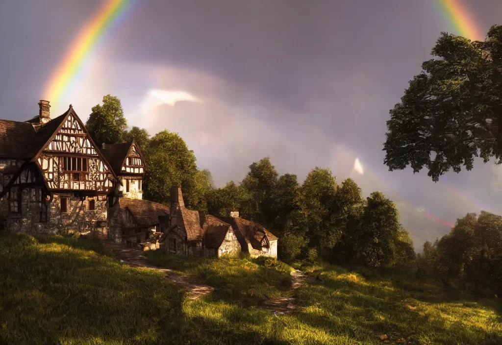 Prompt: a tudor house on a hillside, a gravel path leading towards it, well lit sky, sun shower, rainbow, cinematic view, detailed architecture, concept art, high detail, well lit, volumetric, godrays, vivid, trending on artstation,