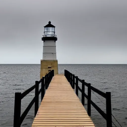 Image similar to very very tall pontoon with a narrow path leading to a lighthouse in the horizon, there is a tall tree at the beginning of the path, its rainy and the lighthouse is turned on, moody