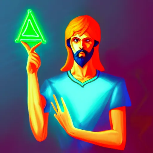 Image similar to Pythagoras holding a neon triangle in his hand , digital painting , digital art , artstation , devian art , HD , 4k