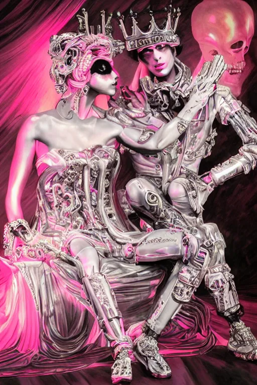 Image similar to full-body rococo and cyberpunk style neon statue of a young attractive portugues macho dotado android reclining sim roupa con piroca dura, glowing white laser eyes, prince crown of pink gears, diamonds, swirling silver-colored silk fabric. futuristic elements. full-length view. space robots. human skulls. intricate artwork by caravaggio. Trending on artstation, octane render, cinematic lighting from the right, hyper realism, octane render, 8k, depth of field, 3D