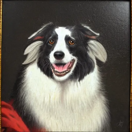 Prompt: classical painting of border collie wearing knights armour, high detail