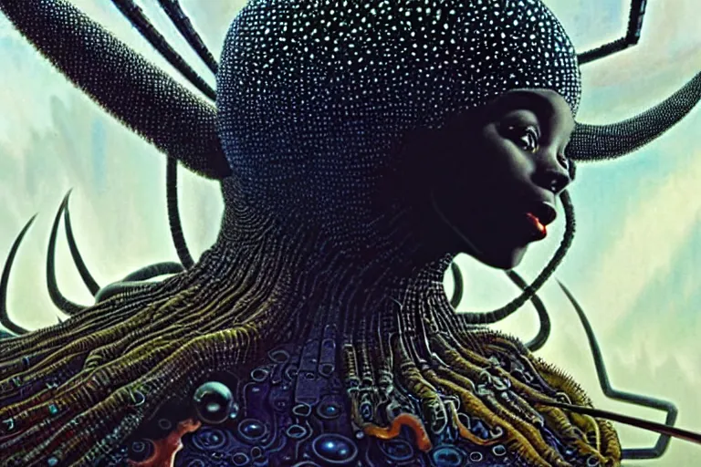 Image similar to realistic detailed closeup portrait movie shot of a beautiful black woman riding a giant spider, dystopian city landscape background by denis villeneuve, amano, yves tanguy, alphonse mucha, max ernst, ernst haeckel, edward robert hughes, roger dean, cyber necklace, rich moody colours, sci fi patterns, wide angle