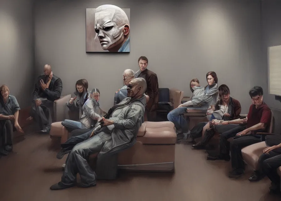 Image similar to dynamic portrait painting of Michael Myers sitting in the waiting room of an optometrist amongst other normal patients, sharp focus, face focused, trending on ArtStation, masterpiece, by Greg Rutkowski, by Ross Tran, by Fenghua Zhong, octane, soft render, oil on canvas, decorated walls moody lighting, high contrast, cinematic