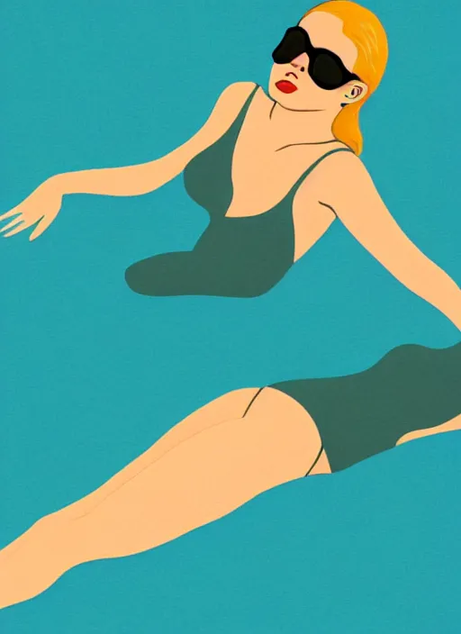 Image similar to portrait of a girl, in retro swimsuit, lying by the pool, minimalist illustration, flat colors, contrasting shadows art by parrish, maxfield, frame from a movie