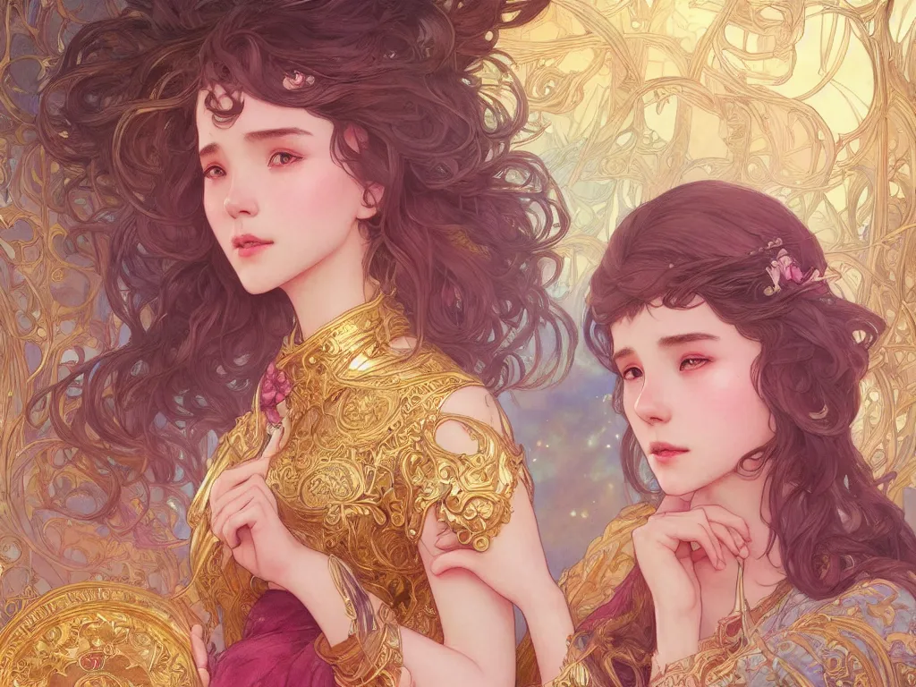 Prompt: iu novel close up cover, highly detailed, gold filigree, romantic storybook fantasy, soft cinematic lighting, award, disney concept art watercolor illustration by mandy jurgens and alphonse mucha and alena aenami, pastel color palette, featured on artstation