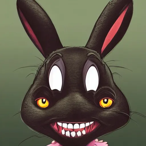 Image similar to A extremely highly detailed majestic hi-res beautiful, highly detailed head and shoulders portrait of a scary terrifying, horrifying, creepy black cartoon rabbit with scary big eyes, earing a shirt laughing, hey buddy, let's be friends, in the style of Walt Disney animation