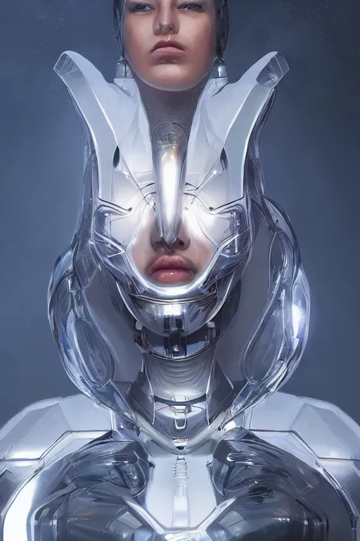 Image similar to beautiful cyborg priestess, scifi, perfect face, futuristic, elegant cape, aura of light, glow, concept art, sharp focus, inside a space ship, trending on artstation, hwang se - on, intricate, advanced technology, art by roman makarenko and simon almeida and marcos melco