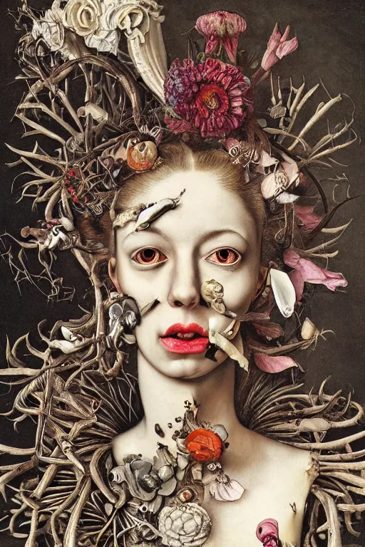 Image similar to Detailed maximalist portrait with large lips and with large white eyes, exasperated expression, botany bones, HD mixed media, 3D collage, highly detailed and intricate, surreal illustration in the style of Caravaggio, dark art, baroque