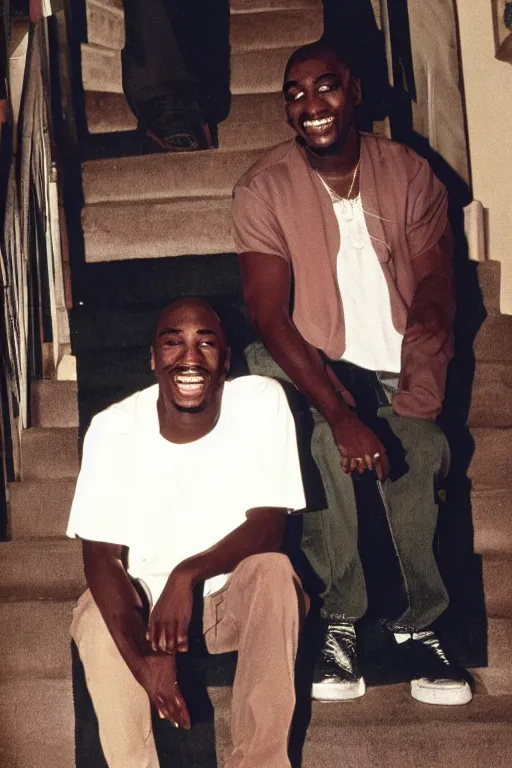 Prompt: Snapshot of smiling Tupac and Biggie on the staircase to Heaven