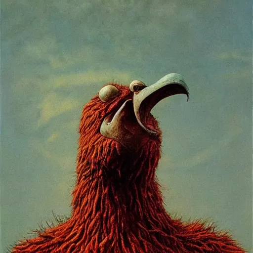 Image similar to big bird as a giant monster, creepy!!!, sharp teeth, gory, zdzisław beksinski, keith thompson, terrifying!!!
