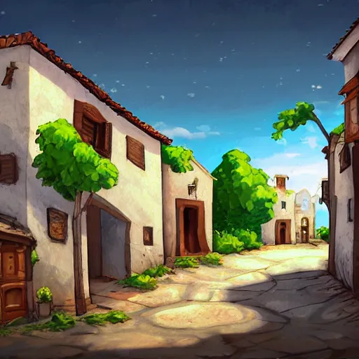 Prompt: A Spanish village. 2D videogame concept art.