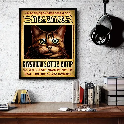 Image similar to steampunk cat, retro, movie poster