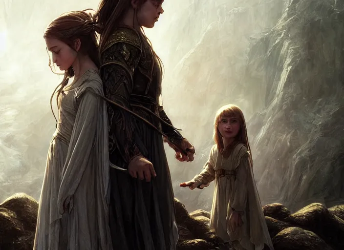 Prompt: a dramatic highly detailed render of the kids of Galadriel and Uruk-hai, Middle-earth , by WLOP and Artgerm and Greg Rutkowski and Alphonse Mucha, Beautiful dynamic dramatic dark moody lighting, shadows, cinematic atmosphere, Artstation, Octane render, 8K, masterpiece, sharp focus, hyperrealistic, photograph