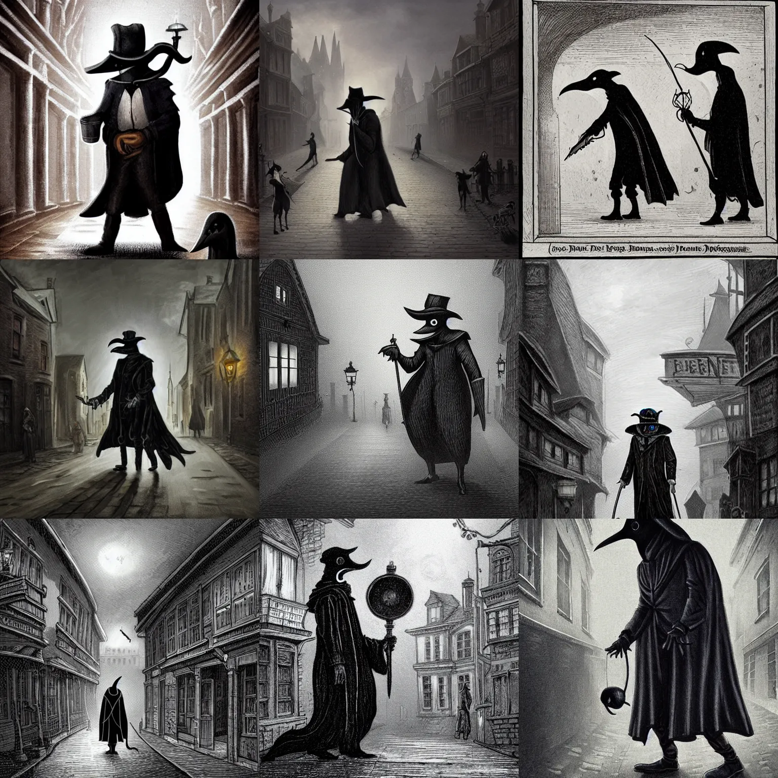 Image similar to a plague doctor walks through a Victorian city, dark atmosphere, detailed, dark Colors