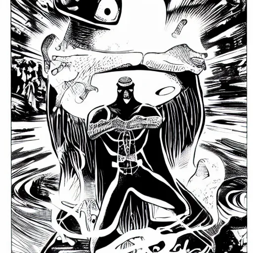 Image similar to a frog in the dr strange universe, black and white except the frog, the frog is green