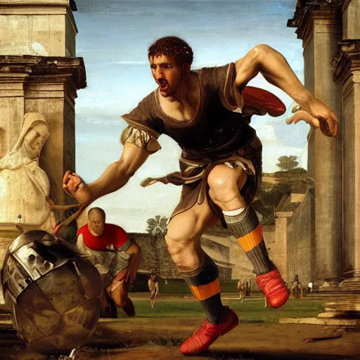 Prompt: an angry man playing soccer in Ancient Rome, detailed, highly detailed, heroic, epic, complex, very detailed, realistic, HD quality, 8k resolution, body and headshot, Oil Painting, Italian Renaissance Painting of Jerma985, Italian Renaissance Painting Style, Renaissance Painting Style, Painting, Trending on Artstation
