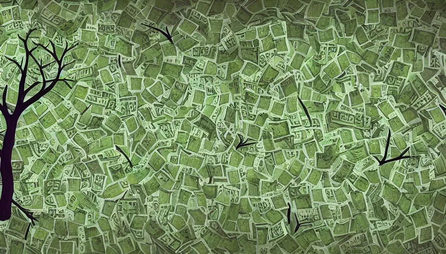 Image similar to a tree that grows dollar bills instead of leaves, digital art, highly detailed, realistic, bright colors, 8 k