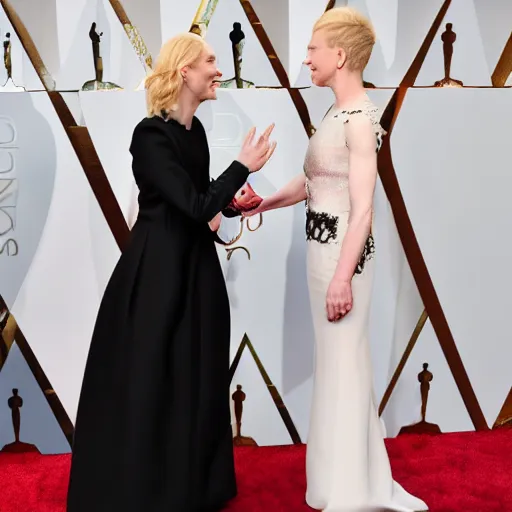 Prompt: cate blanchet shaking hand with cate blanchett 4k